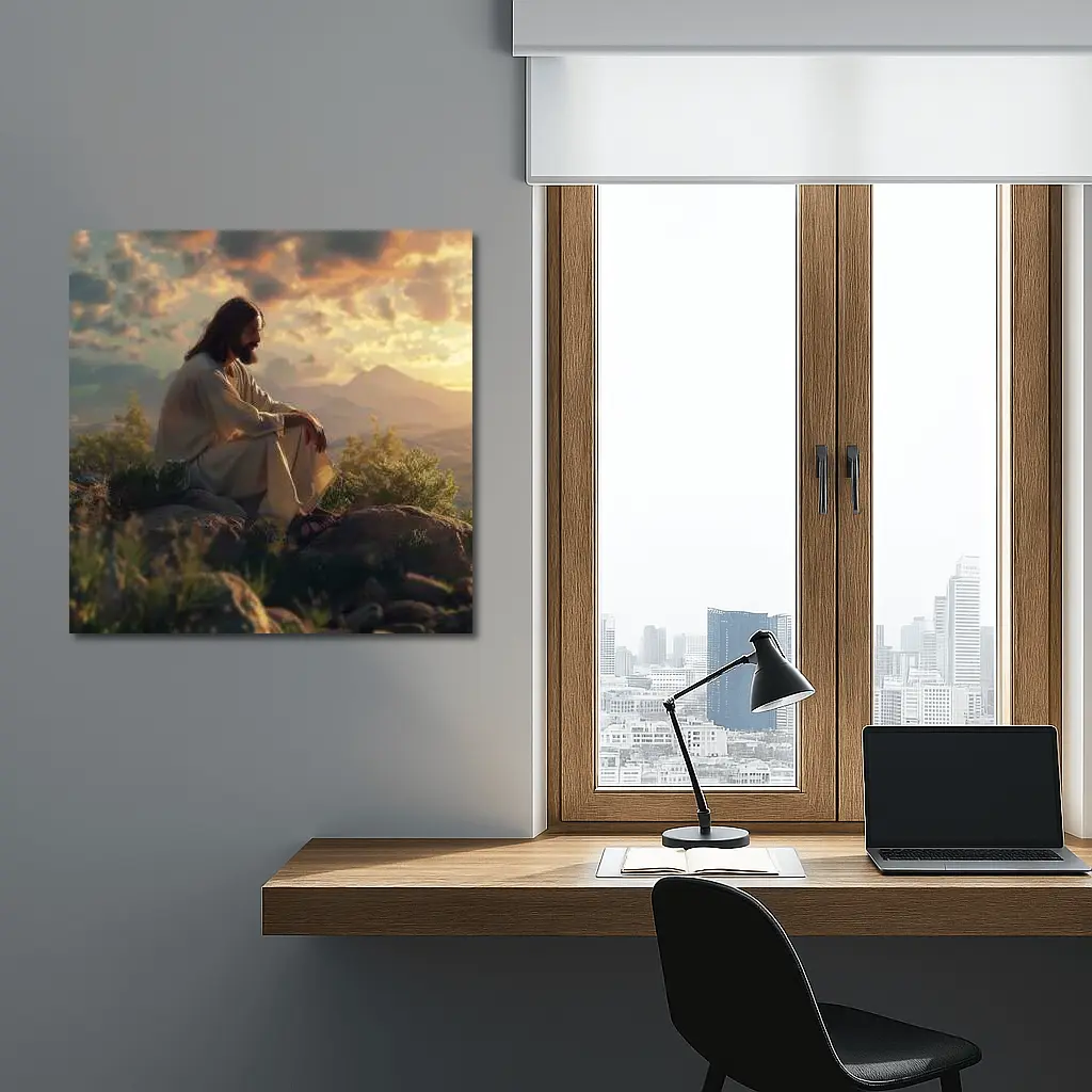 Jesus Sitting on Rocks at Sunset – Wall Art