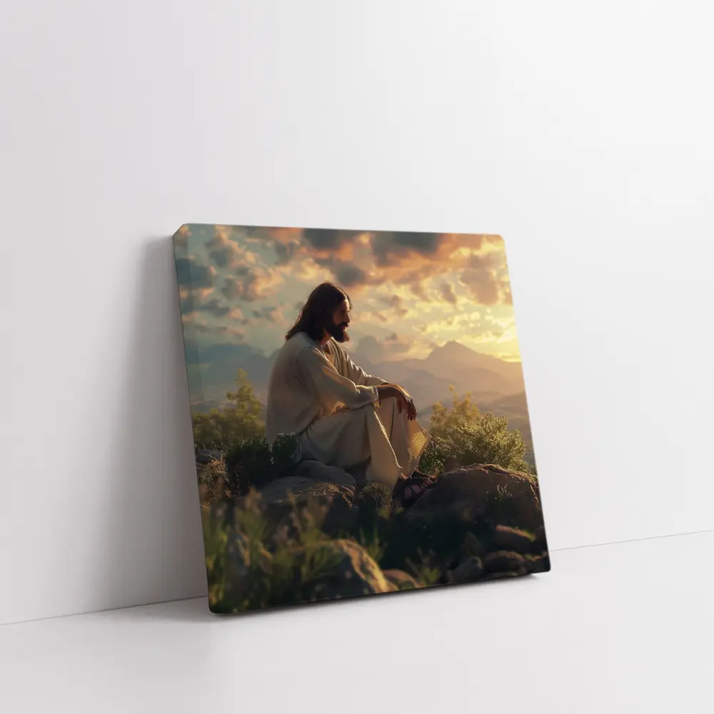 Jesus Sitting on Rocks at Sunset – Wall Art