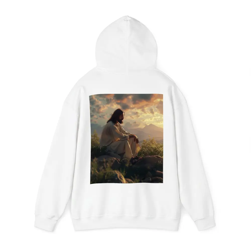 Jesus Sitting on Rocks at Sunset – Hoodies
