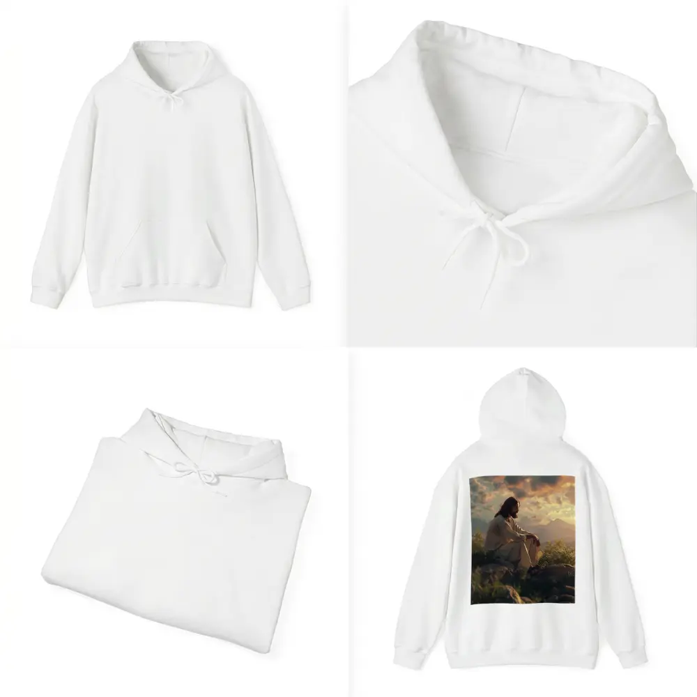 Jesus Sitting on Rocks at Sunset – Hoodies