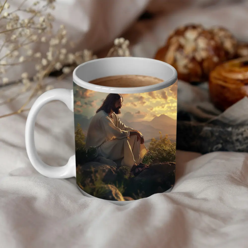 Jesus Sitting on Rocks at Sunset – Mugs