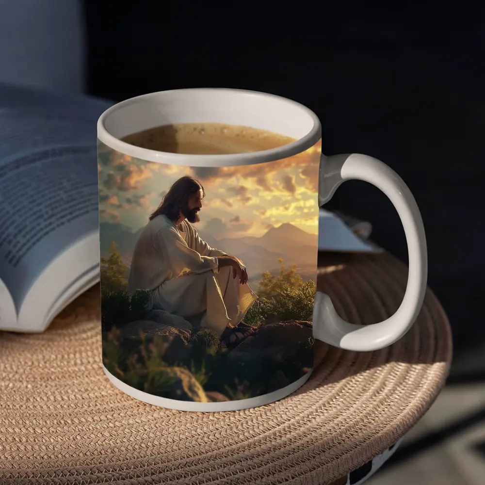 Jesus Sitting on Rocks at Sunset – Mugs