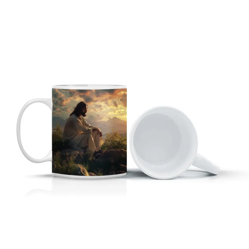 Jesus Sitting on Rocks at Sunset – Mugs