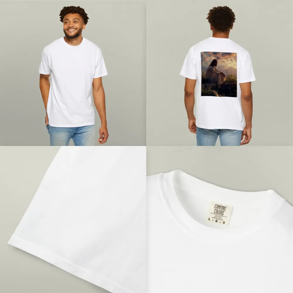 Jesus Sitting on Rocks at Sunset – T-Shirts