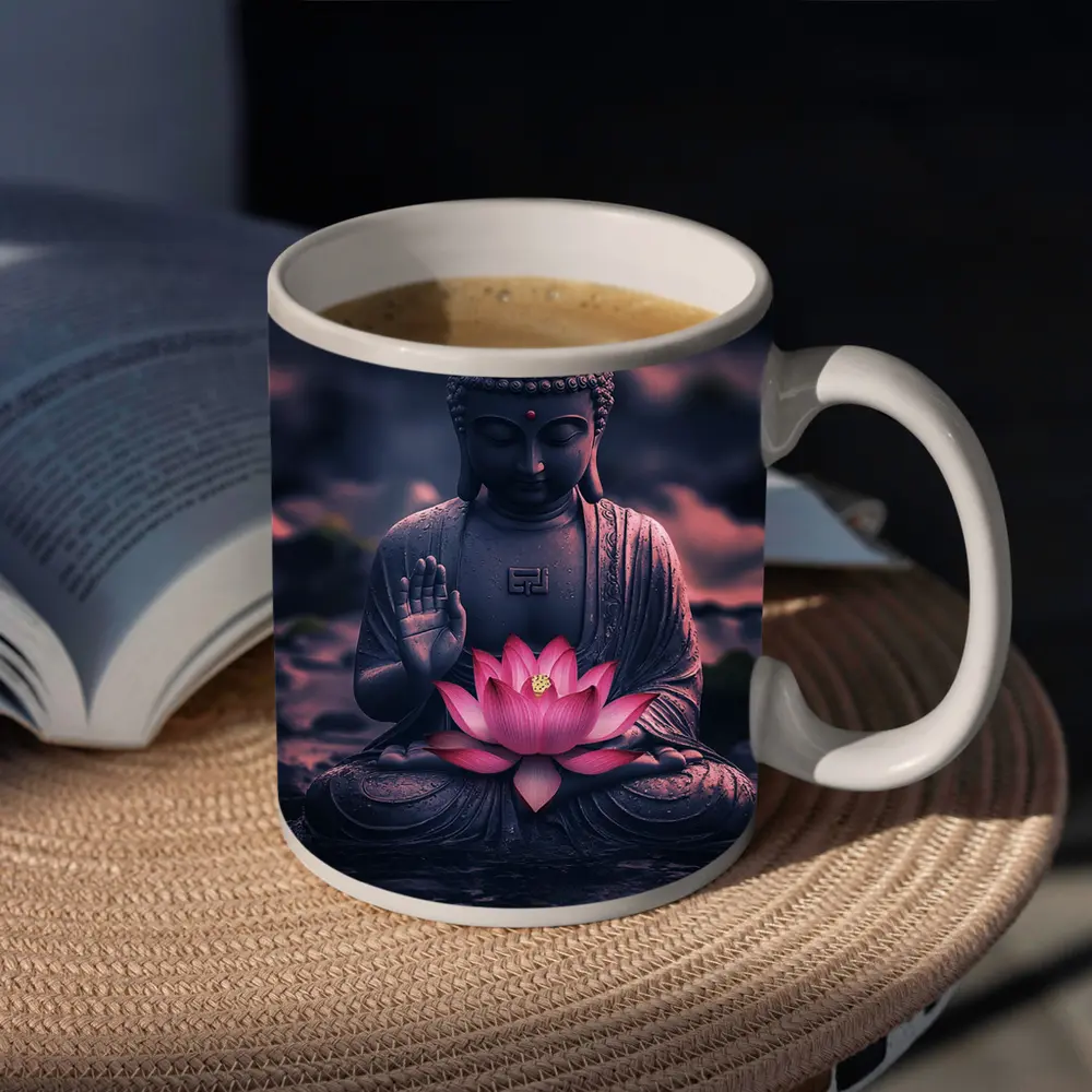 Buddha Statue Lotus Flower Purple Moody – Mugs