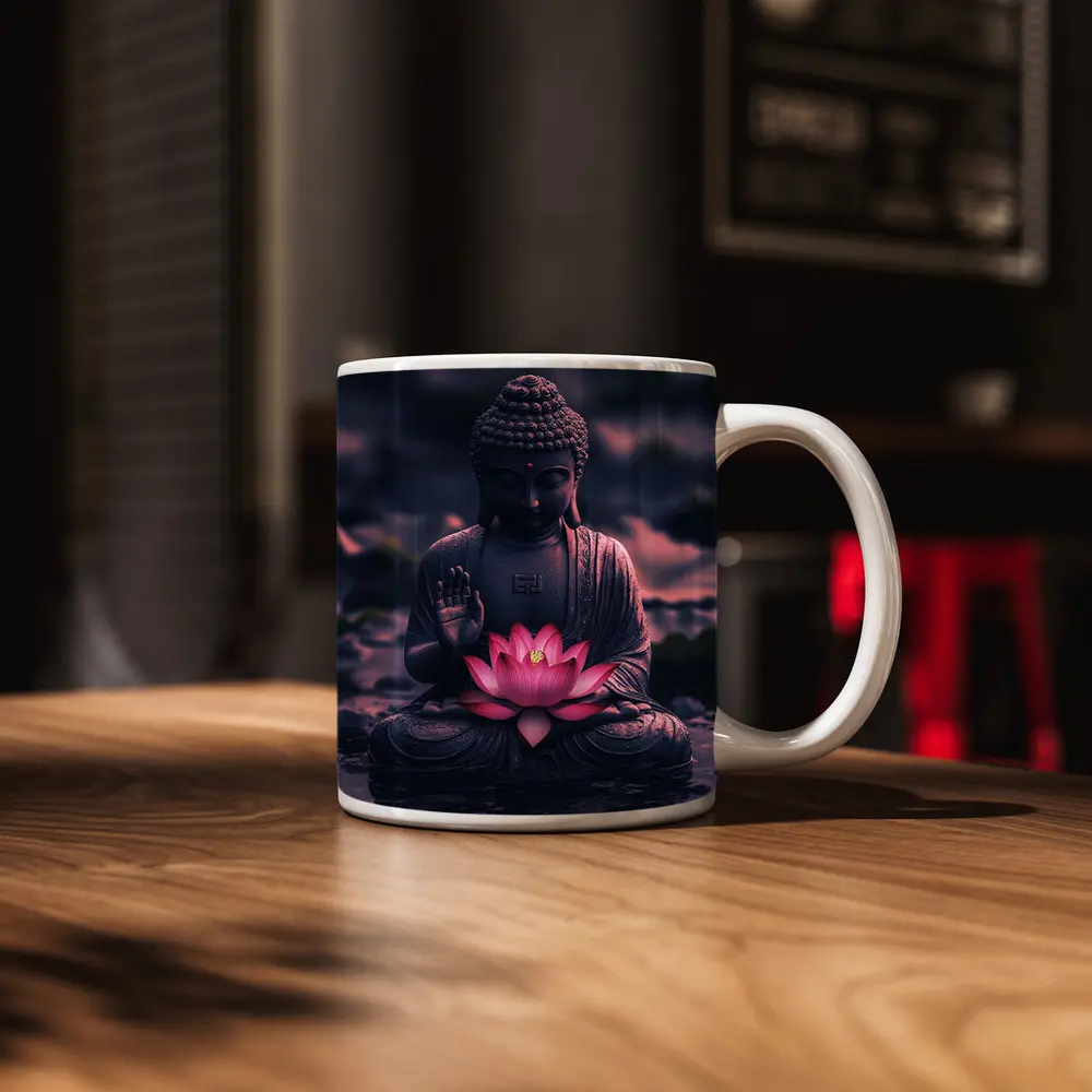 Buddha Statue Lotus Flower Purple Moody – Mugs