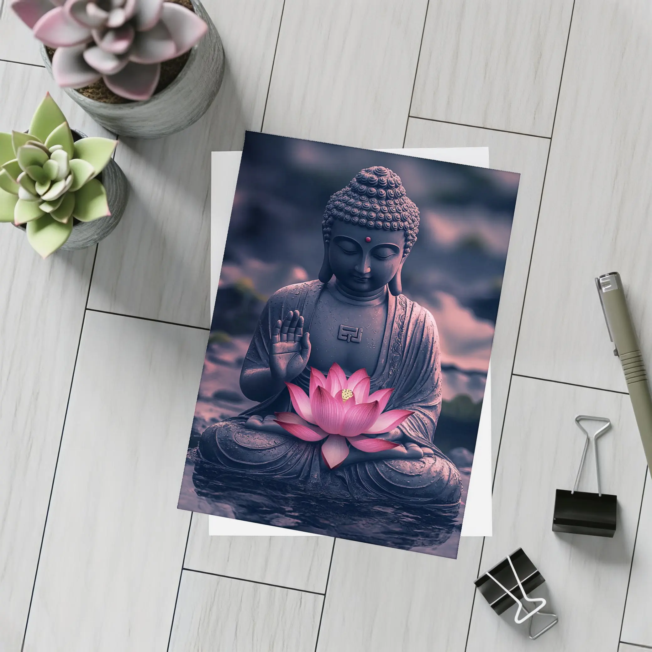 Buddha Statue Lotus Flower Purple Moody – Postcards