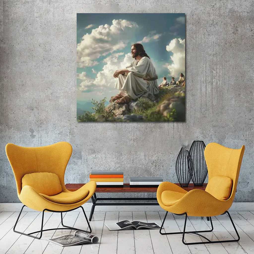 Jesus Sitting on Rocky Hilltop Cloudy Sky – Wall Art