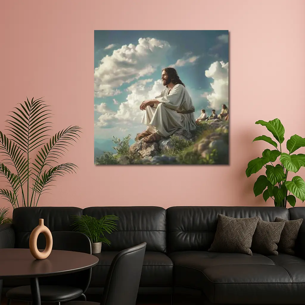 Jesus Sitting on Rocky Hilltop Cloudy Sky – Wall Art