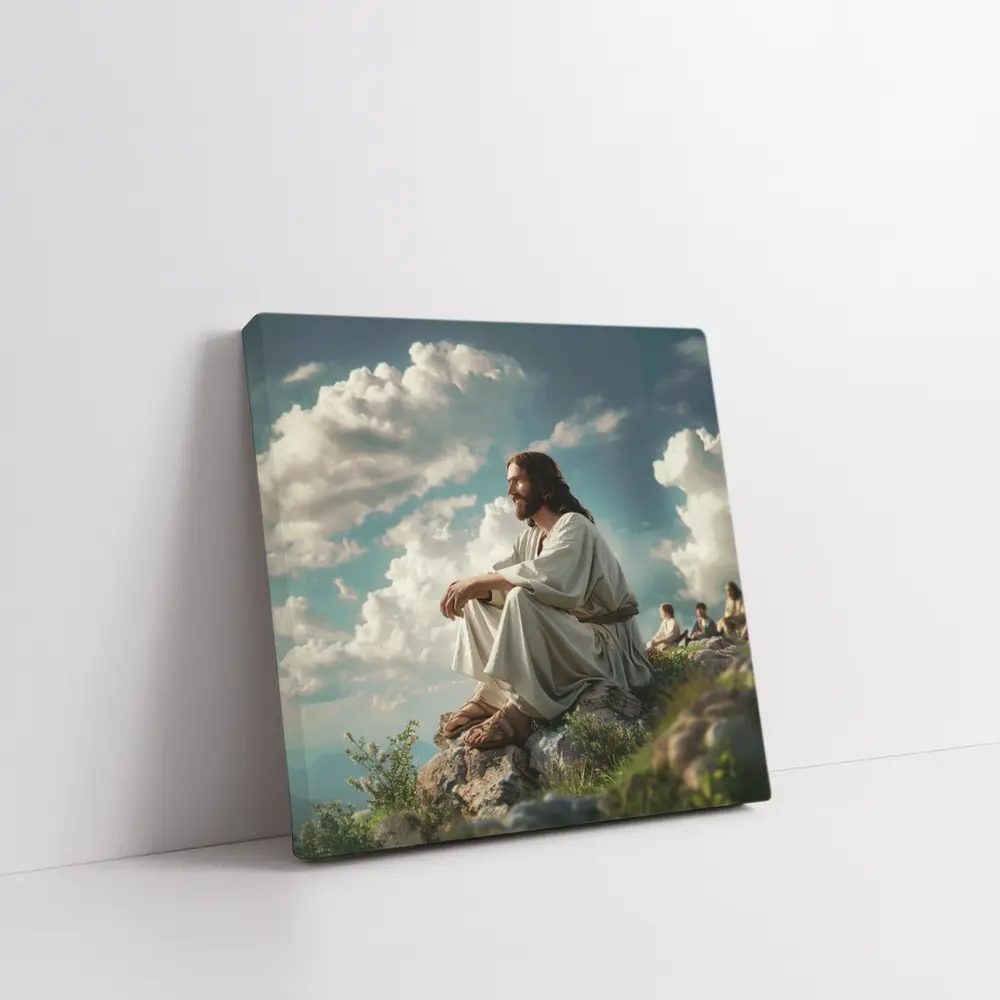 Jesus Sitting on Rocky Hilltop Cloudy Sky – Wall Art