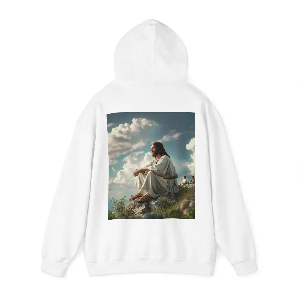 Jesus Sitting on Rocky Hilltop Cloudy Sky – Hoodies