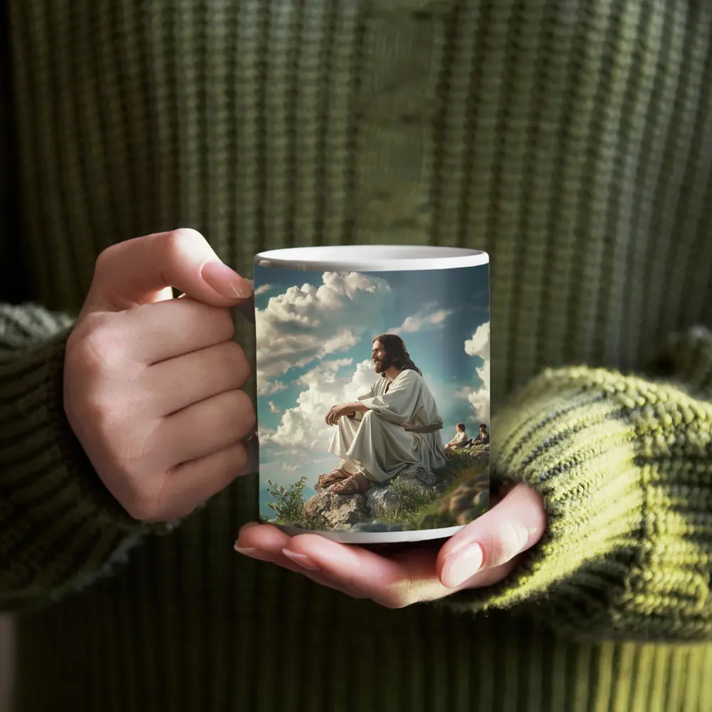 Jesus Sitting on Rocky Hilltop Cloudy Sky – Mugs