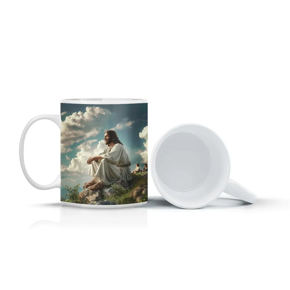 Jesus Sitting on Rocky Hilltop Cloudy Sky – Mugs