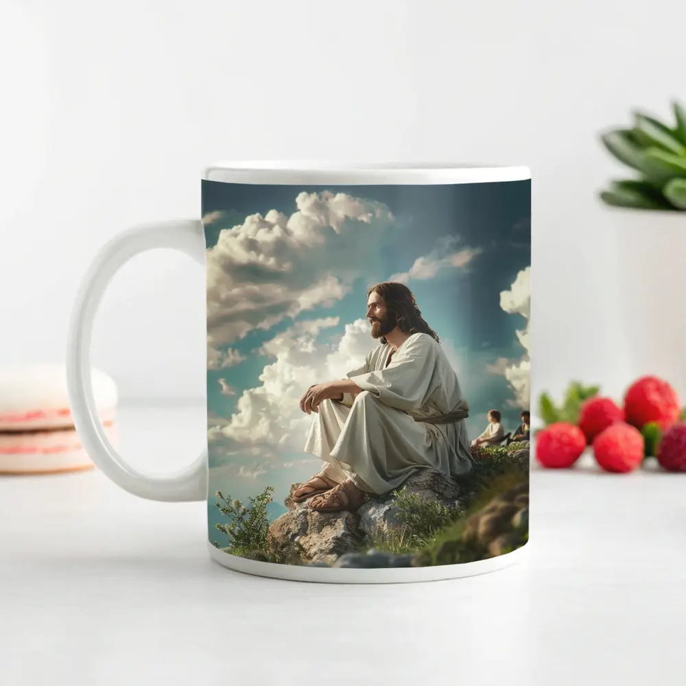 Jesus Sitting on Rocky Hilltop Cloudy Sky – Mugs