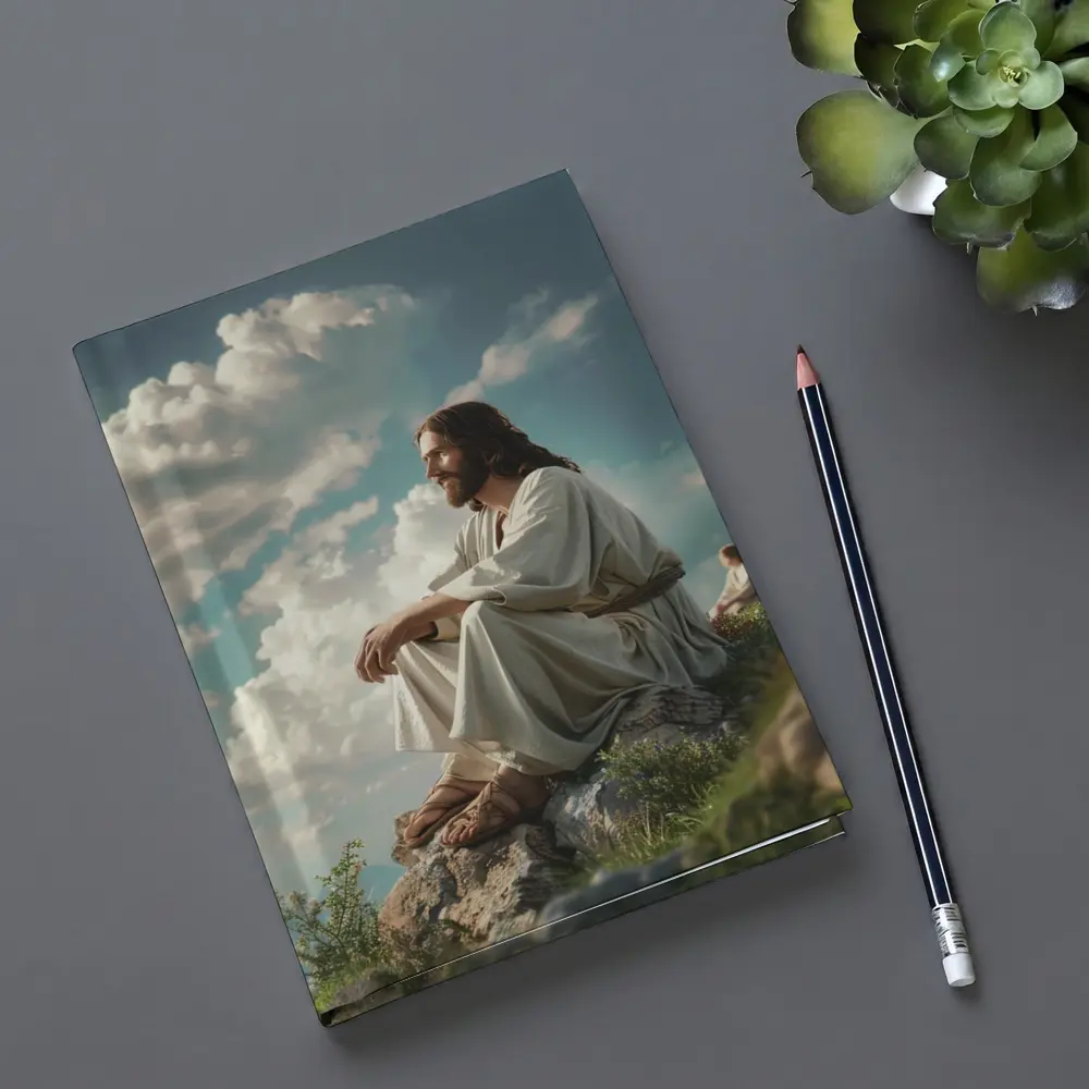 Jesus Sitting on Rocky Hilltop Cloudy Sky – Notebooks