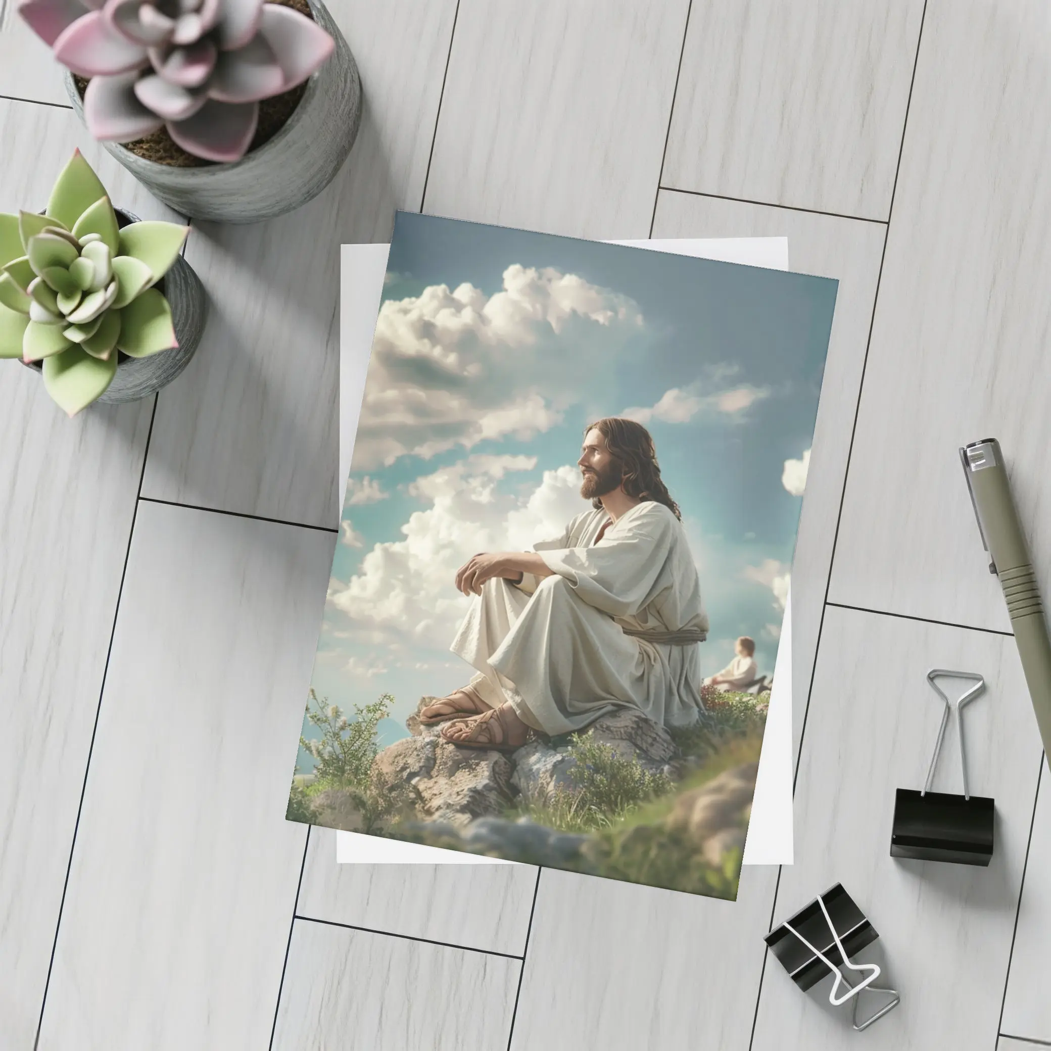 Jesus Sitting on Rocky Hilltop Cloudy Sky – Postcards