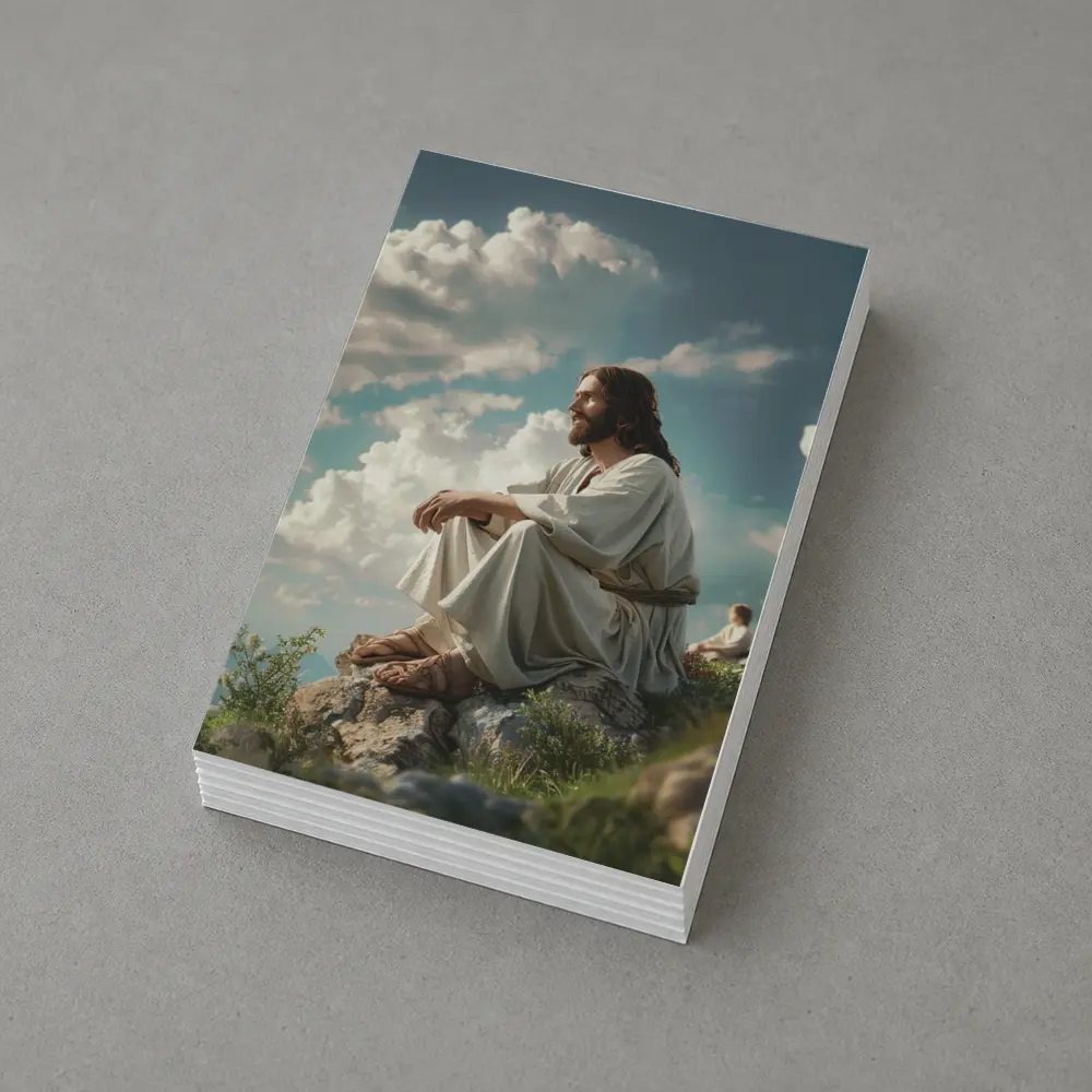 Jesus Sitting on Rocky Hilltop Cloudy Sky – Postcards
