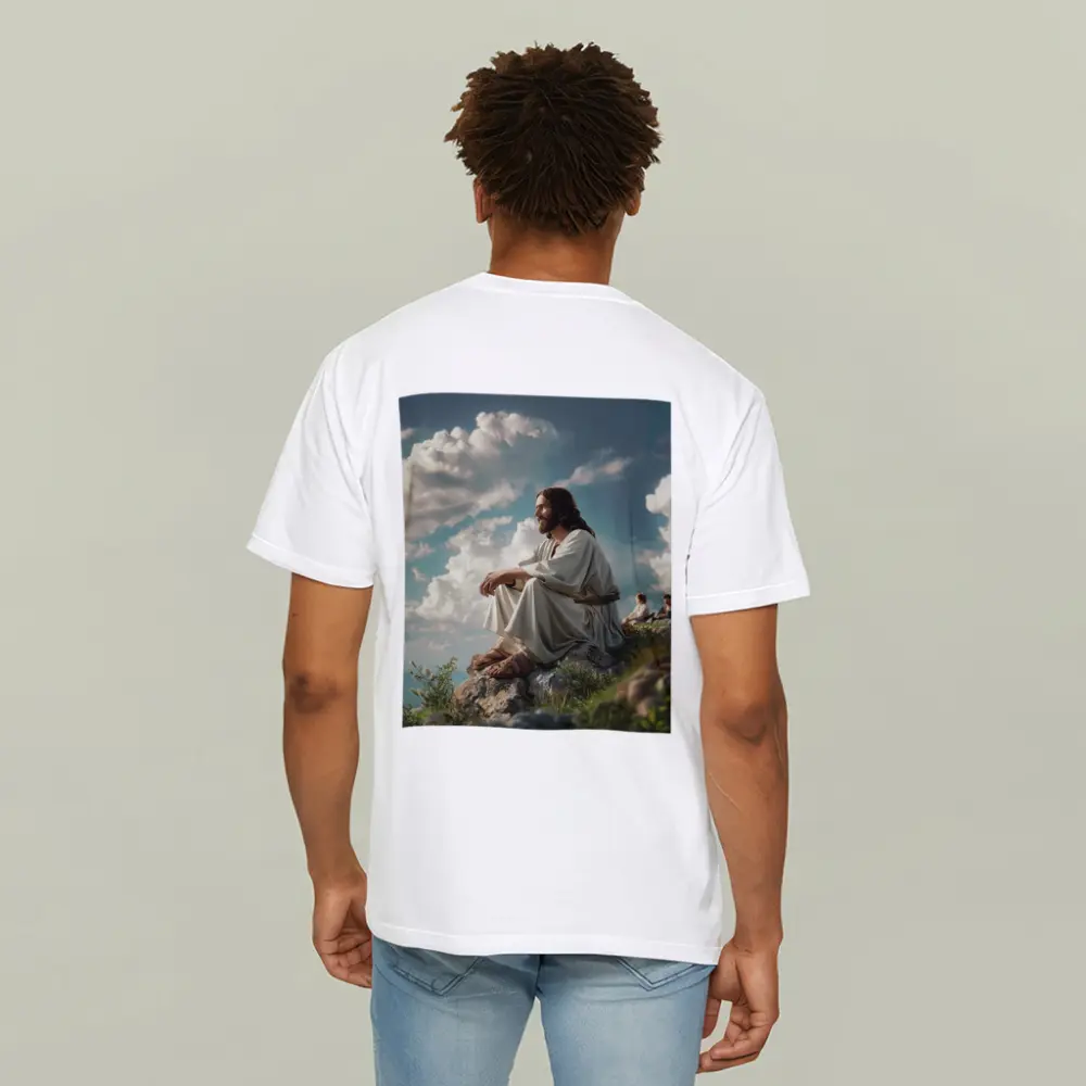 Jesus Sitting on Rocky Hilltop Cloudy Sky – T-Shirts