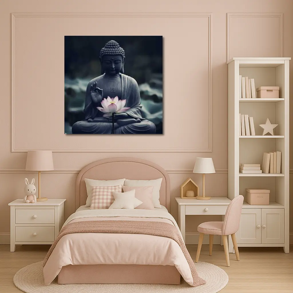 Buddha Stone Statue Pink Lotus Flower – Wall Art