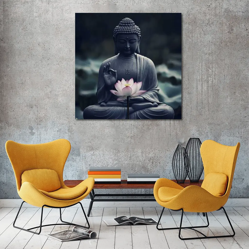 Buddha Stone Statue Pink Lotus Flower – Wall Art