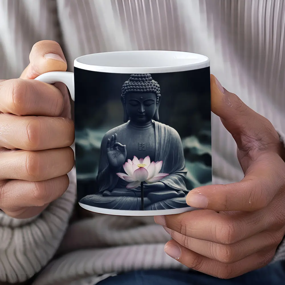 Buddha Stone Statue Pink Lotus Flower – Mugs