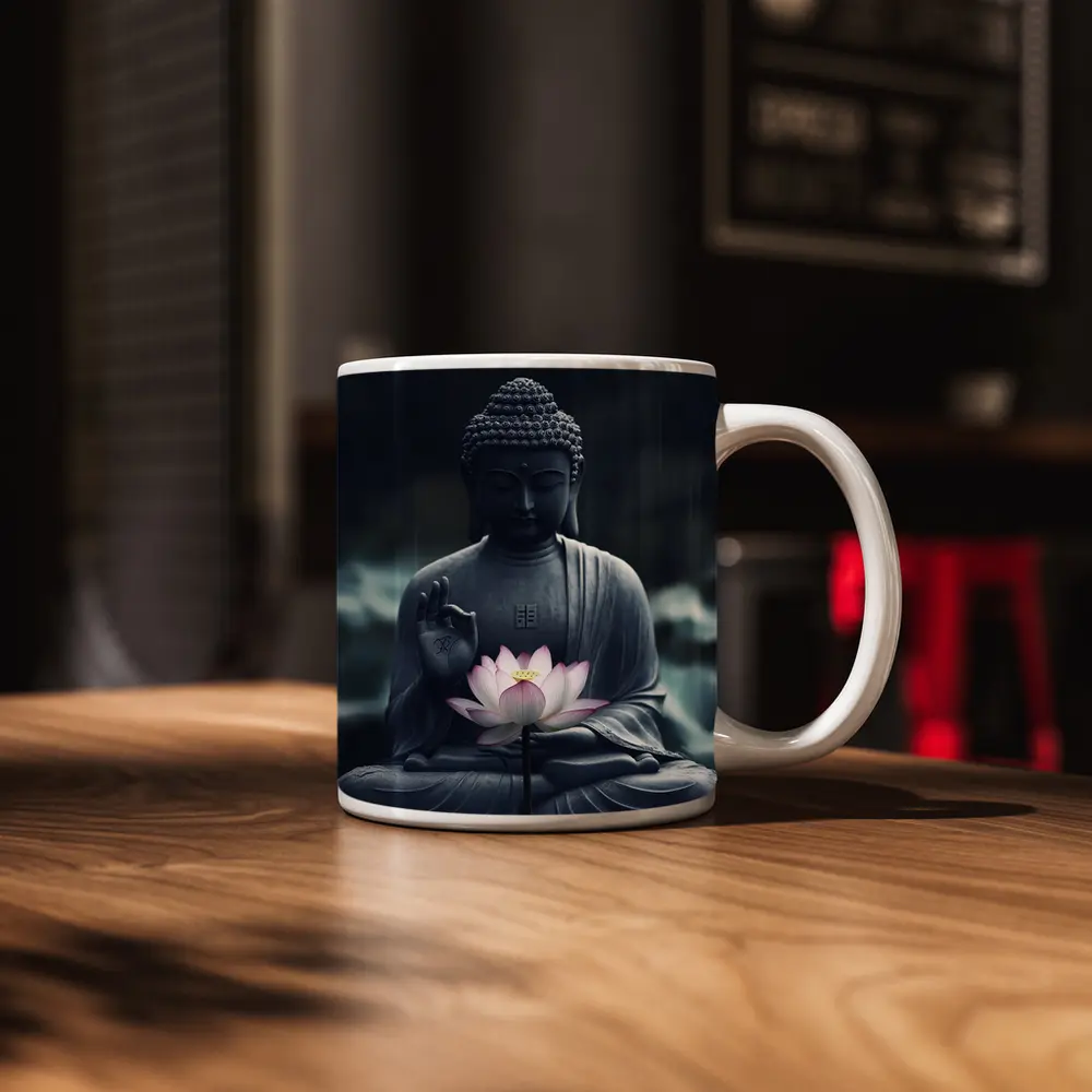 Buddha Stone Statue Pink Lotus Flower – Mugs