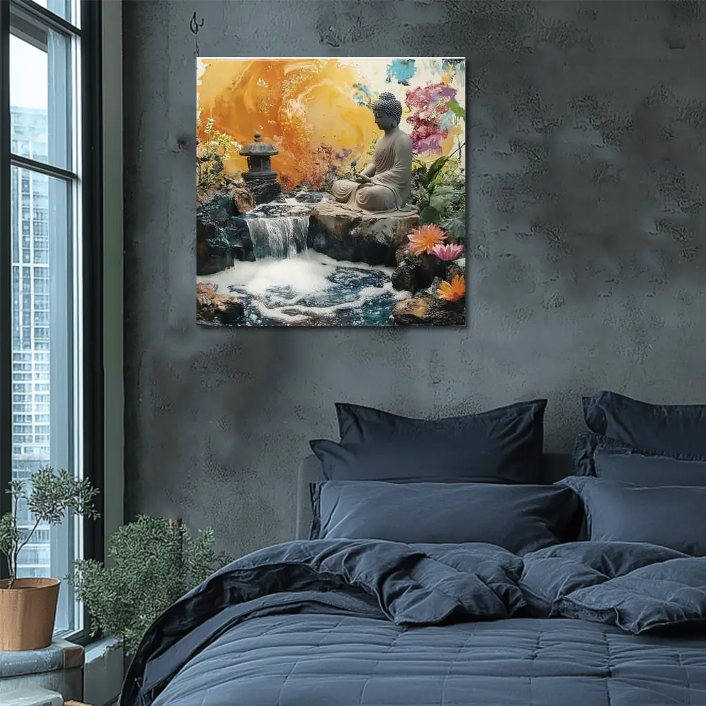 Buddha Statue Waterfall Garden Colorful Background – Wall Art