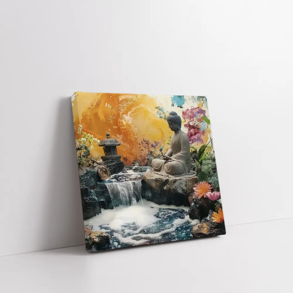 Buddha Statue Waterfall Garden Colorful Background – Wall Art