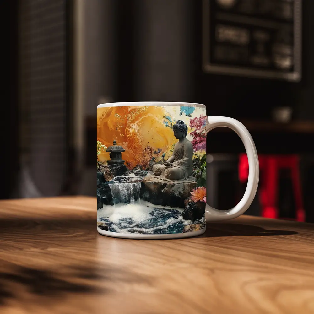 Buddha Statue Waterfall Garden Colorful Background – Mugs