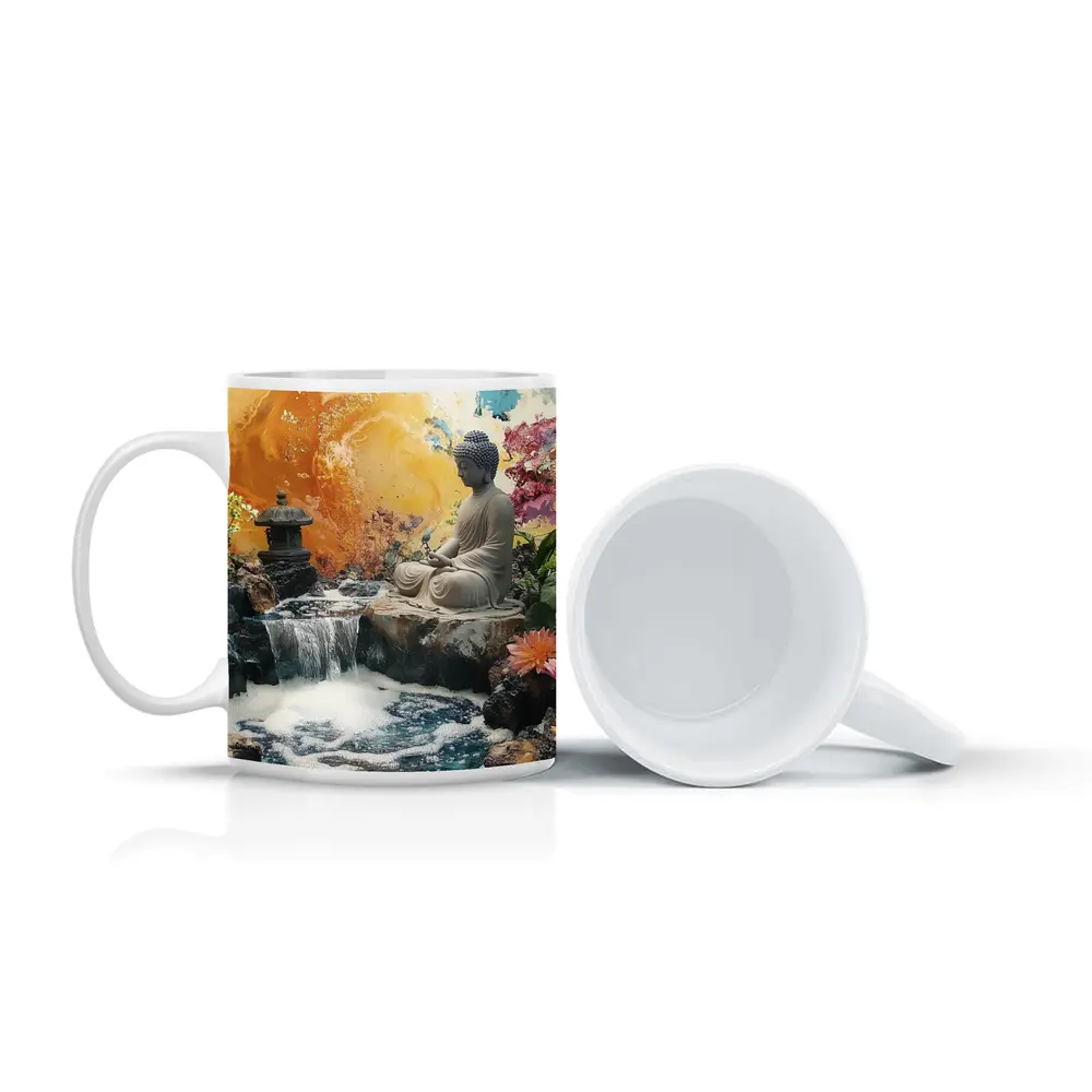 Buddha Statue Waterfall Garden Colorful Background – Mugs