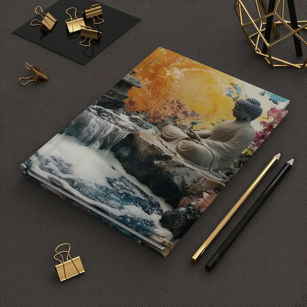 Buddha Statue Waterfall Garden Colorful Background – Notebooks