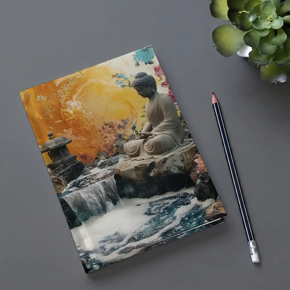 Buddha Statue Waterfall Garden Colorful Background – Notebooks