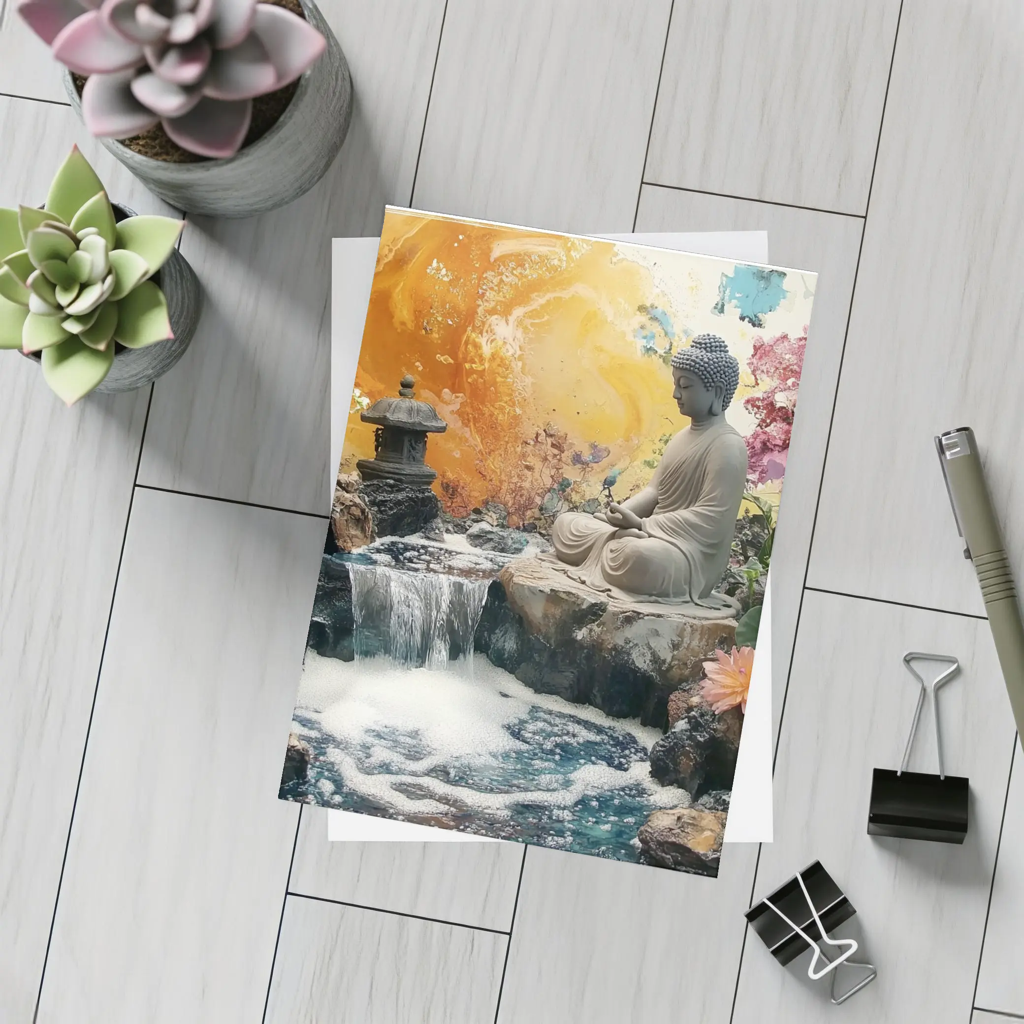 Buddha Statue Waterfall Garden Colorful Background – Postcards