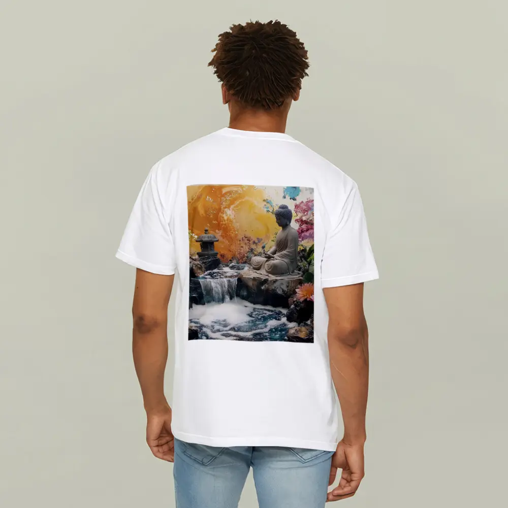 Buddha Statue Waterfall Garden Colorful Background – T-Shirts