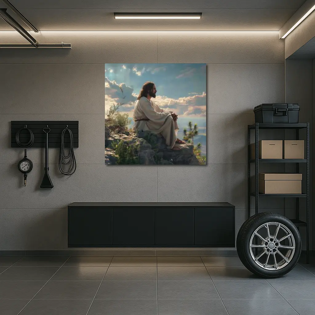 Jesus Sitting On Rocky Hillside Peaceful Sky – Wall Art