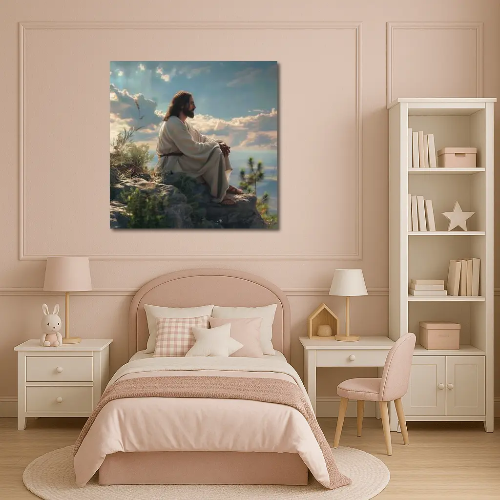 Jesus Sitting On Rocky Hillside Peaceful Sky – Wall Art