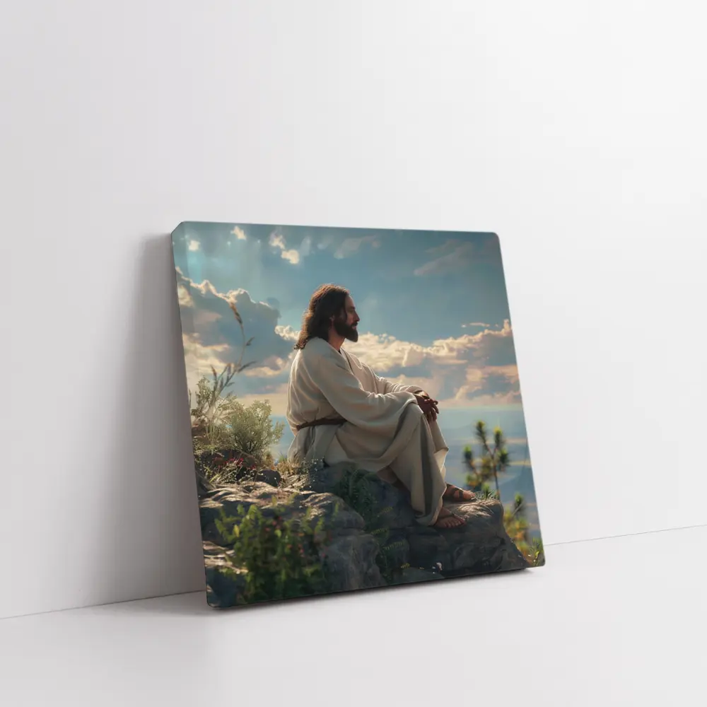Jesus Sitting On Rocky Hillside Peaceful Sky – Wall Art