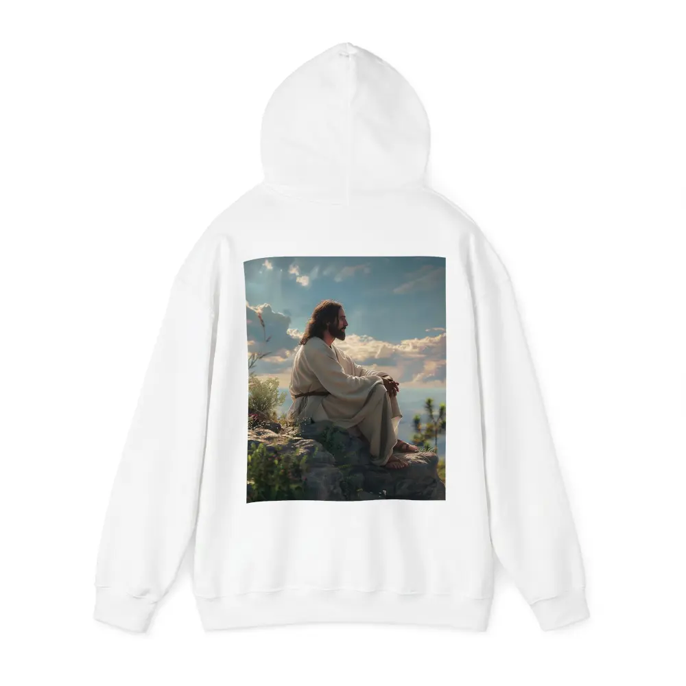 Jesus Sitting On Rocky Hillside Peaceful Sky – Hoodies