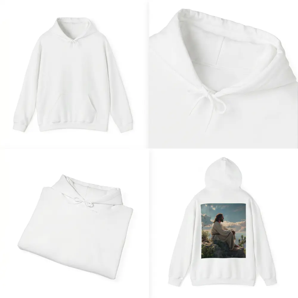Jesus Sitting On Rocky Hillside Peaceful Sky – Hoodies