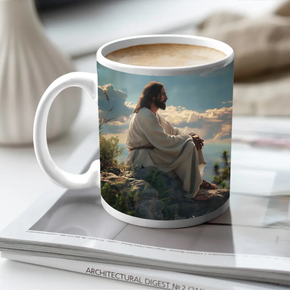 Jesus Sitting On Rocky Hillside Peaceful Sky – Mugs
