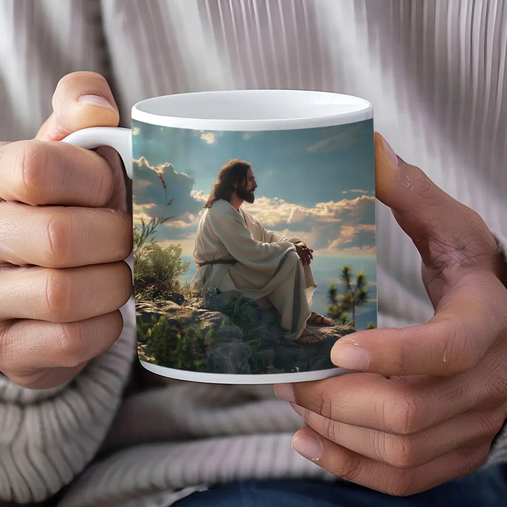 Jesus Sitting On Rocky Hillside Peaceful Sky – Mugs