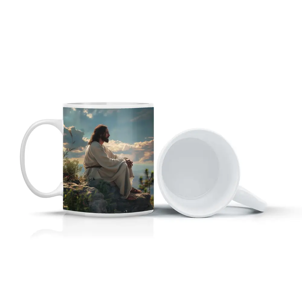 Jesus Sitting On Rocky Hillside Peaceful Sky – Mugs