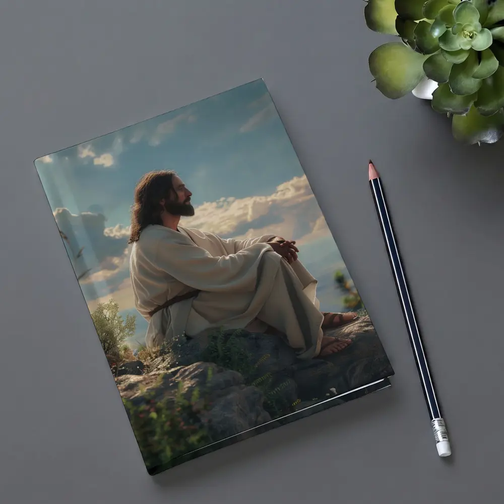 Jesus Sitting On Rocky Hillside Peaceful Sky – Notebooks