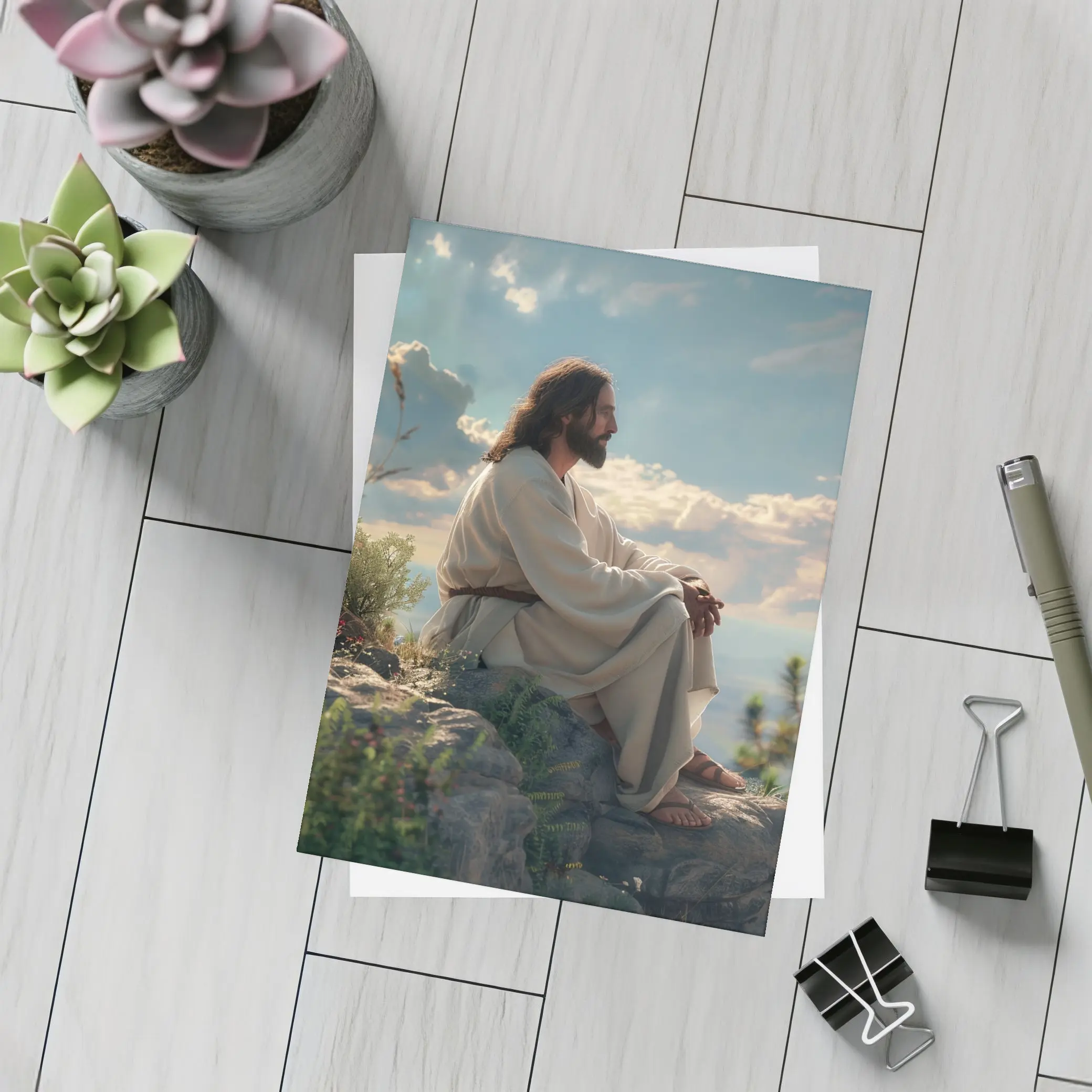 Jesus Sitting On Rocky Hillside Peaceful Sky – Postcards