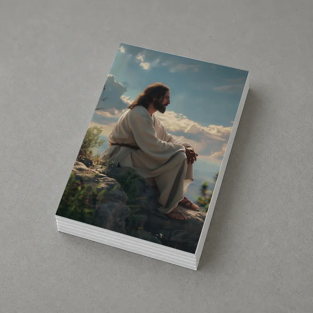 Jesus Sitting On Rocky Hillside Peaceful Sky – Postcards