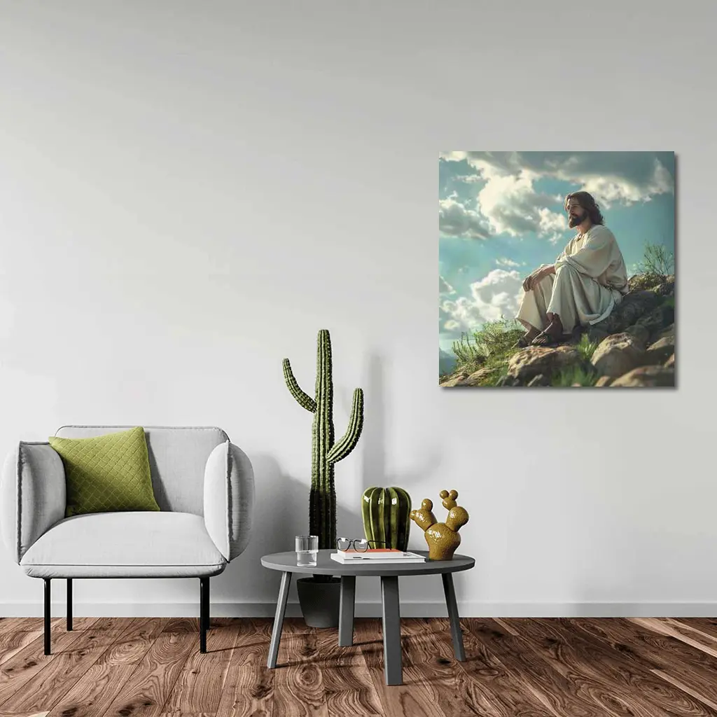 Jesus Sitting On Rocky Hillside Clouds – Wall Art