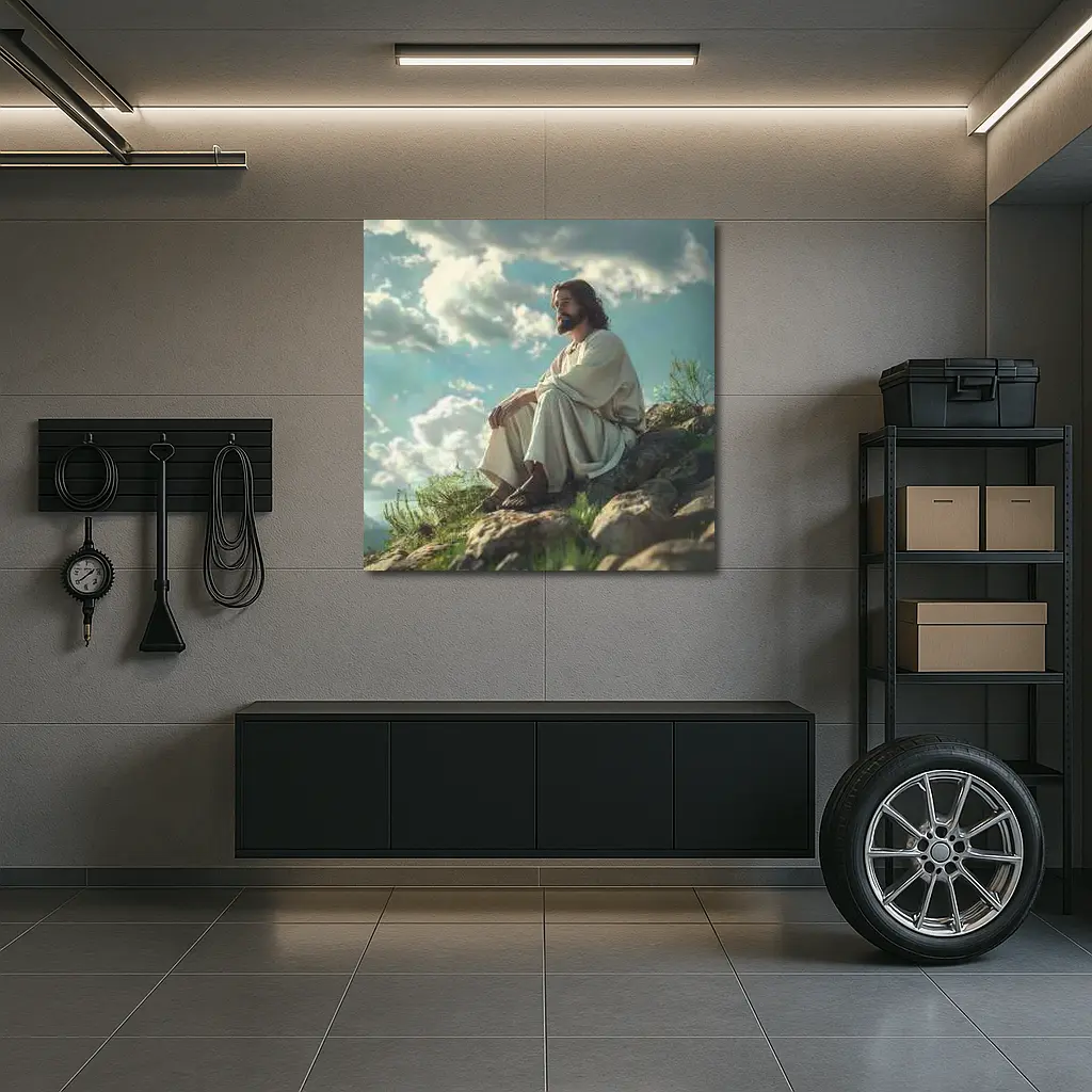 Jesus Sitting On Rocky Hillside Clouds – Wall Art