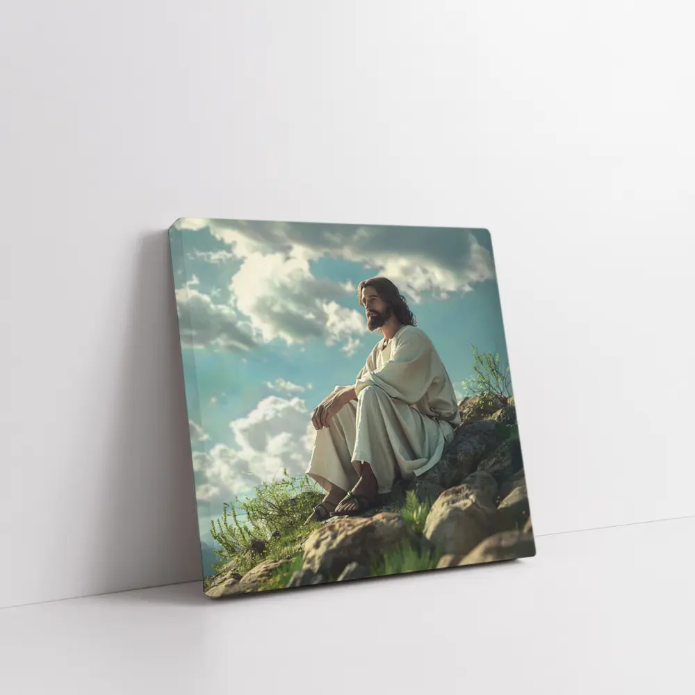 Jesus Sitting On Rocky Hillside Clouds – Wall Art