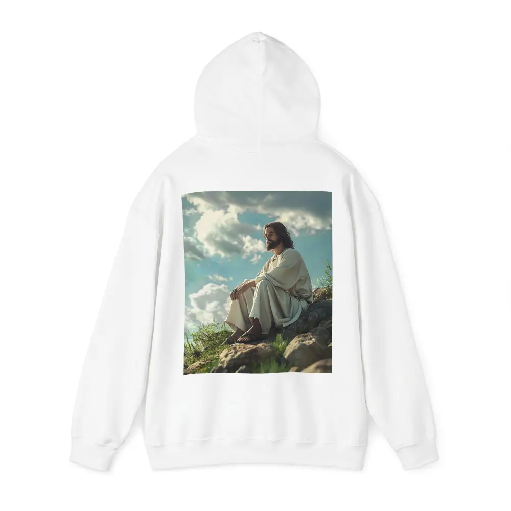 Jesus Sitting On Rocky Hillside Clouds – Hoodies