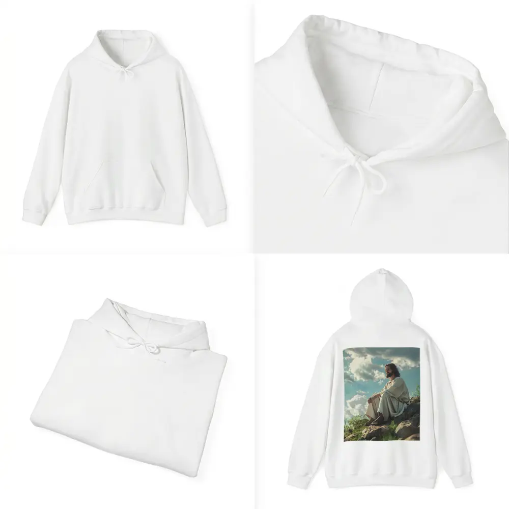 Jesus Sitting On Rocky Hillside Clouds – Hoodies